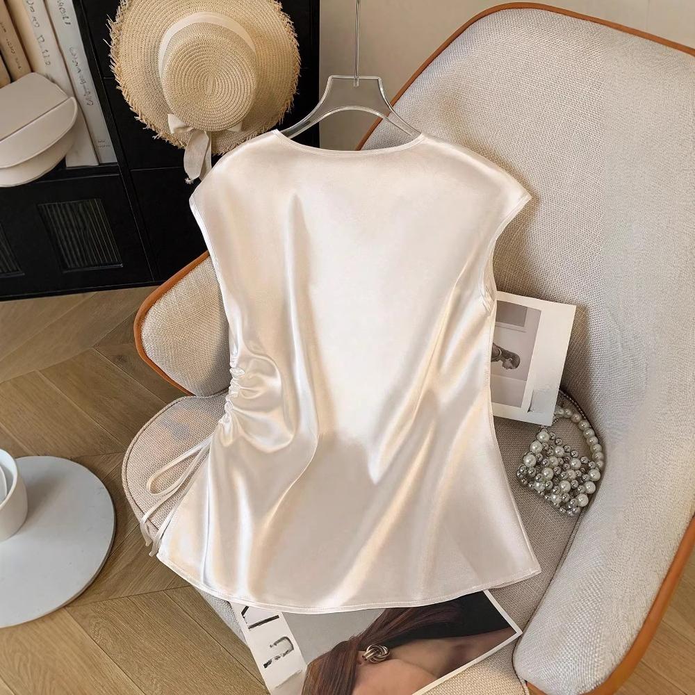 Einfarbige Satin-Kurzarm-T-Shirt-Bluse für Damen, Sommerlich Dünn und Stilvoll, V-Ausschnitt, Slim Fit
