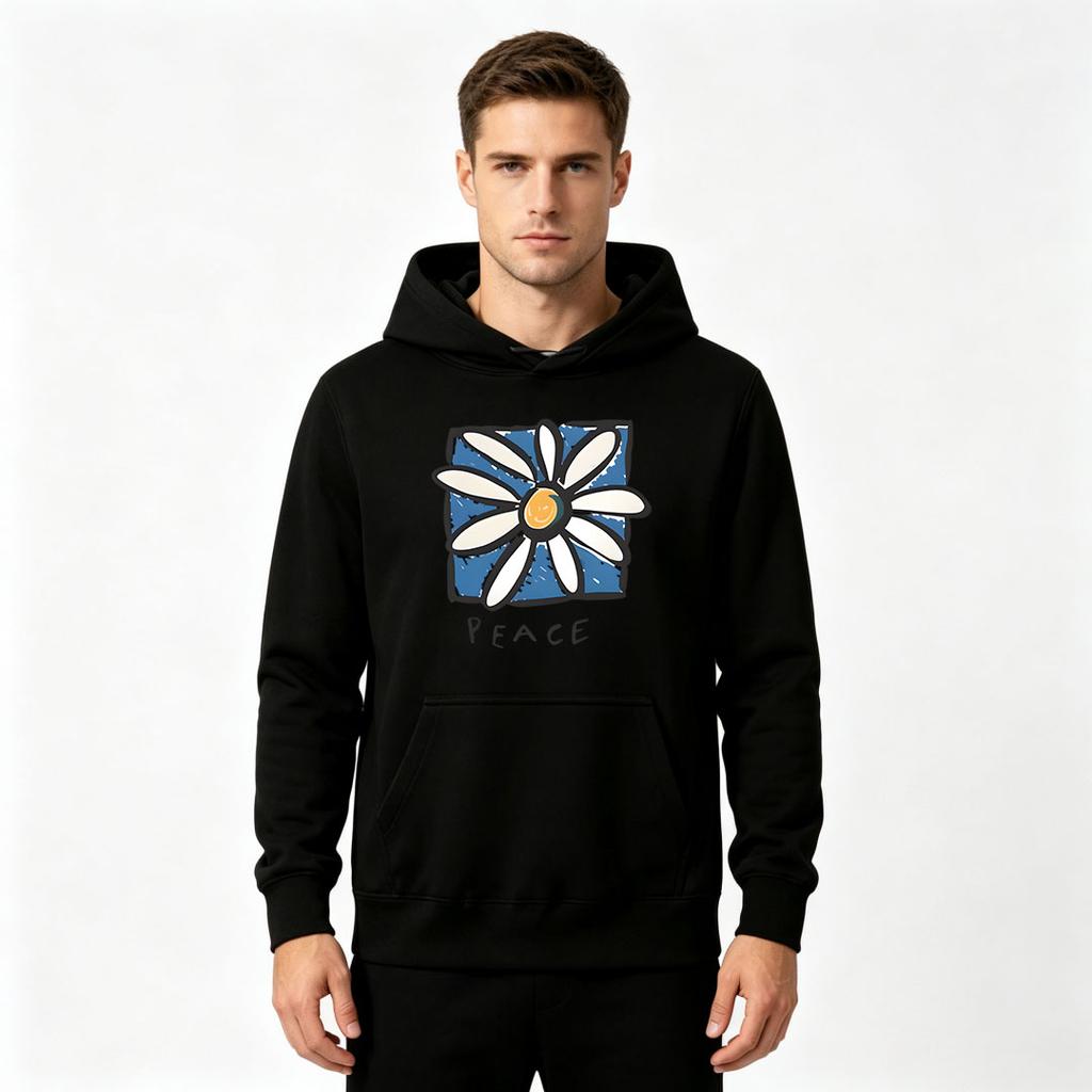 Men's Pullover Hoodie, Peace Daisy Flower Print Casual Long Sleeve Sweatshirt for Daily Wear