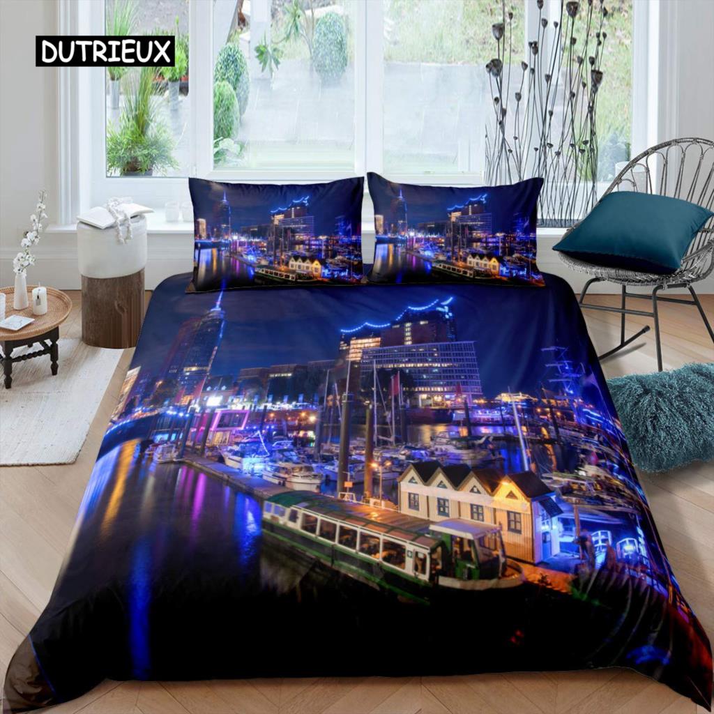Cityscape Duvet Cover Set New York City Night View Quilt Cover for Boys Adults Microfiber Building Bedding Set 2/3Pcs King Size