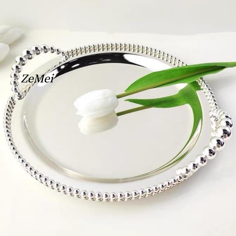 European Style Circle Shape Fruit Plate,31 cm Pearl Dot Silver Metal Cake Plate,Handheld Home Food Tray, Snack Disc Decoration