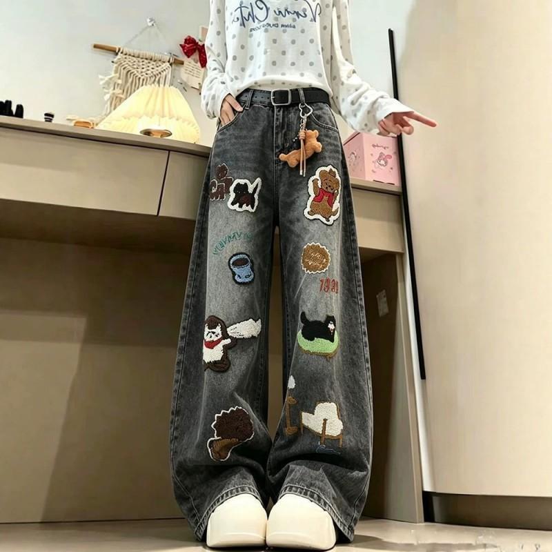 Womens Cartoon Embroidery Washed Denim Jeans Loose Wide Leg Cropped Pants Streetwear