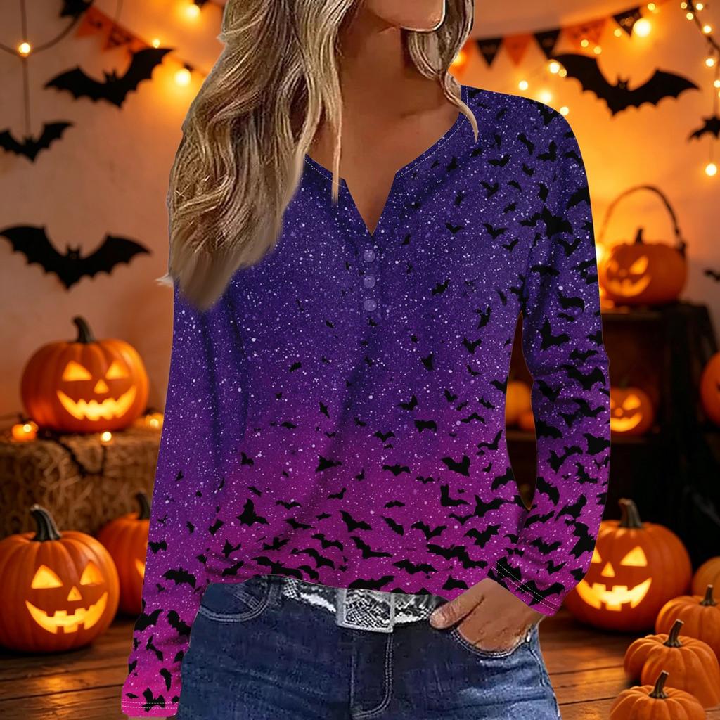 Women's Halloween Print Long Sleeve V-Neck T-Shirt with Decorative Buttons for Casual Wear