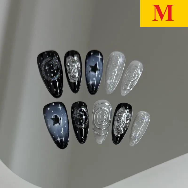 New 10pcs Handmade Wearable Press On Nails Y2k Starry Night Sky Almond Fake Nail Tips Detachable for Sweet Cool Girls&Women