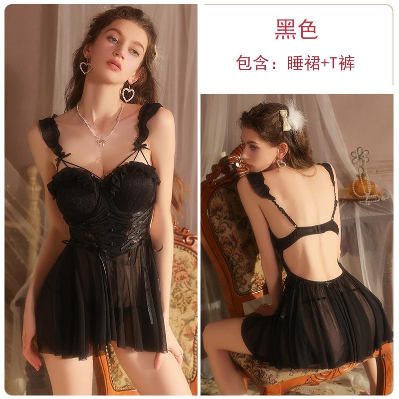 New Sex Underwear Sweet Mesh Flying Sleeves Sexy Plus Steel Ring Chest Pad Nightdress Large Size Set A