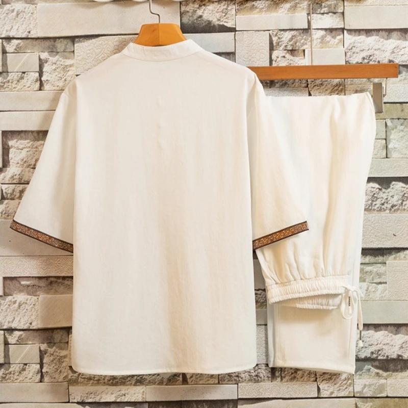 Summer Casual Set Men's Frog Button Hanfu Retro Streetwear Tang Suit T-shirt Crops Two-Piece Set