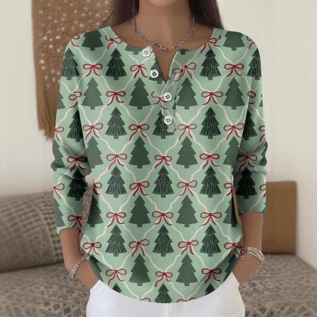 Women's Fashion Long Sleeve Christmas Snowflake Print Top Elegant Casual Top