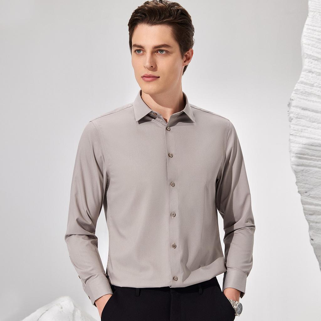 Breathable Bamboo Fiber Solid Color Business Casual Comfortable Sweat Free Men's Shirt Long Sleeved
