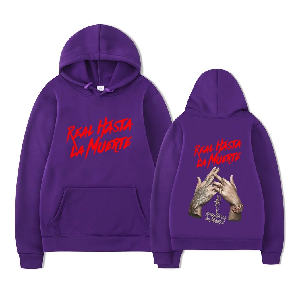 Anuel AA Hoodie Unisex Double Sided Fleece Sweatshirt, Real Hasta La Muerte Red Script & Tattooed Hands Rosary Print, Latin Trap Hip Hop Streetwear