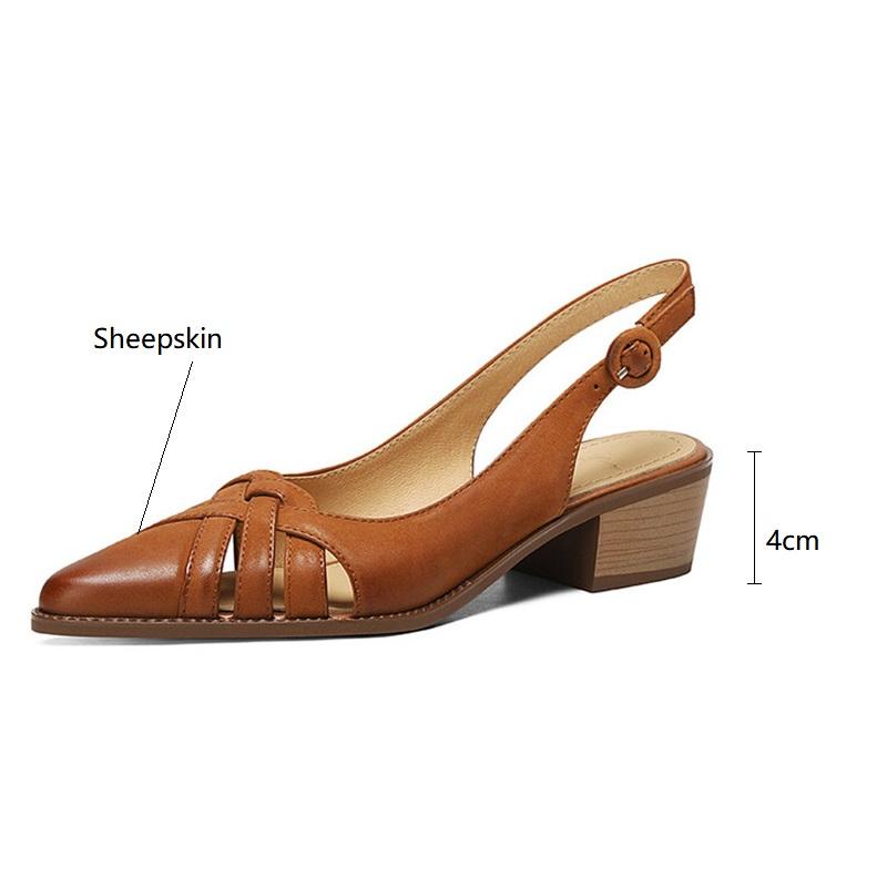 Fashion Summer Sandals Genuine Leather Sandals Casual French Retro Pointed Toe Hollow Out GLADIATOR Sheepskin Sandals Thick Heel Shoes