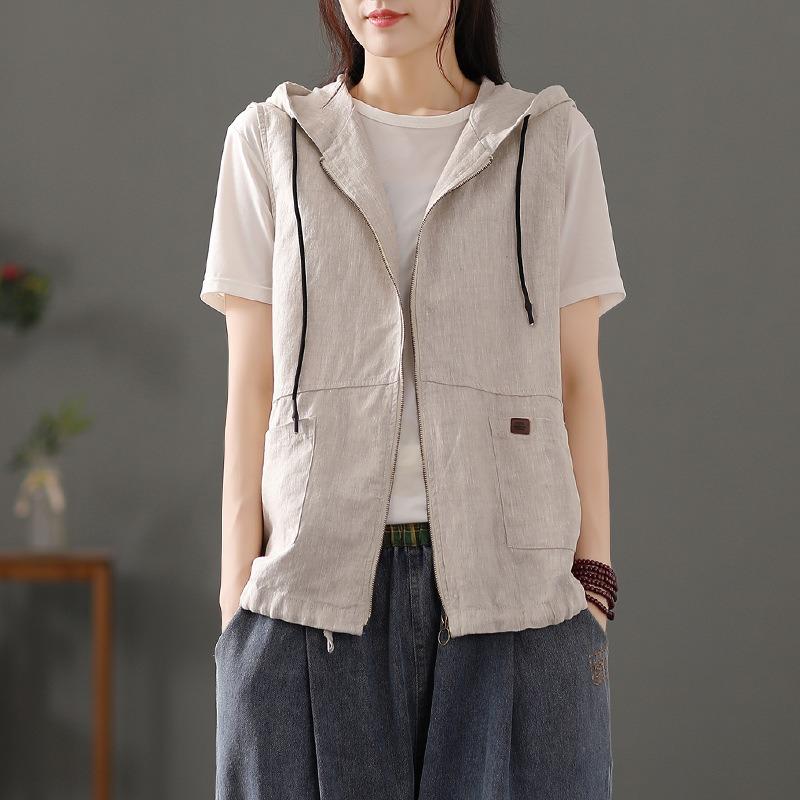 Women S Casual Linen Blend Hooded Sleeveless Zip Up Vest