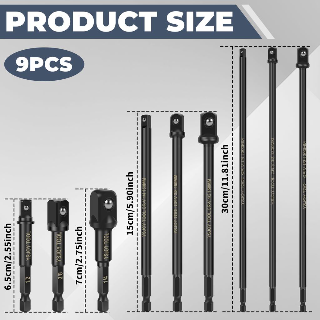 9Pcs Hex Shank Drill Socket Adapter Set Multipurpose 1/4" 3/8" 1/2" Square Socket Drill Bits Extension Rod for Impact Driver