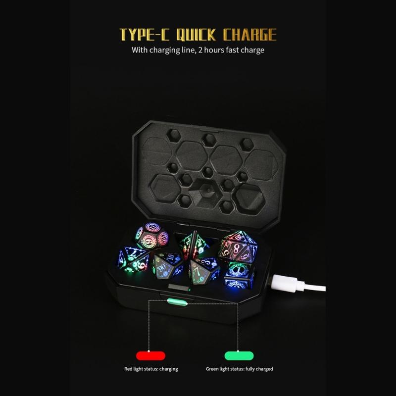 7Pcs Glowing Polyhedral Dices with Charging Box Rechargeable LED Colorful Light Electronic Dices for Role Playing Game