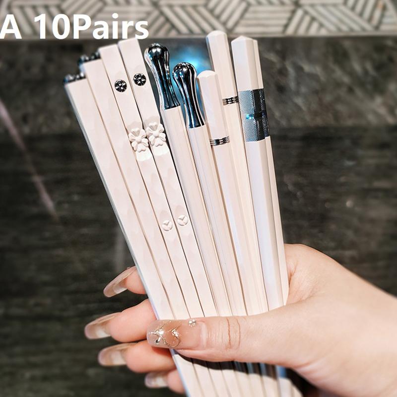 5/10Pairs White Gold Chopsticks Set Healthy Korean Sushi Sticks Chopsticks Reusable Non-Slip Chopsticks For Party Hotel Restaura