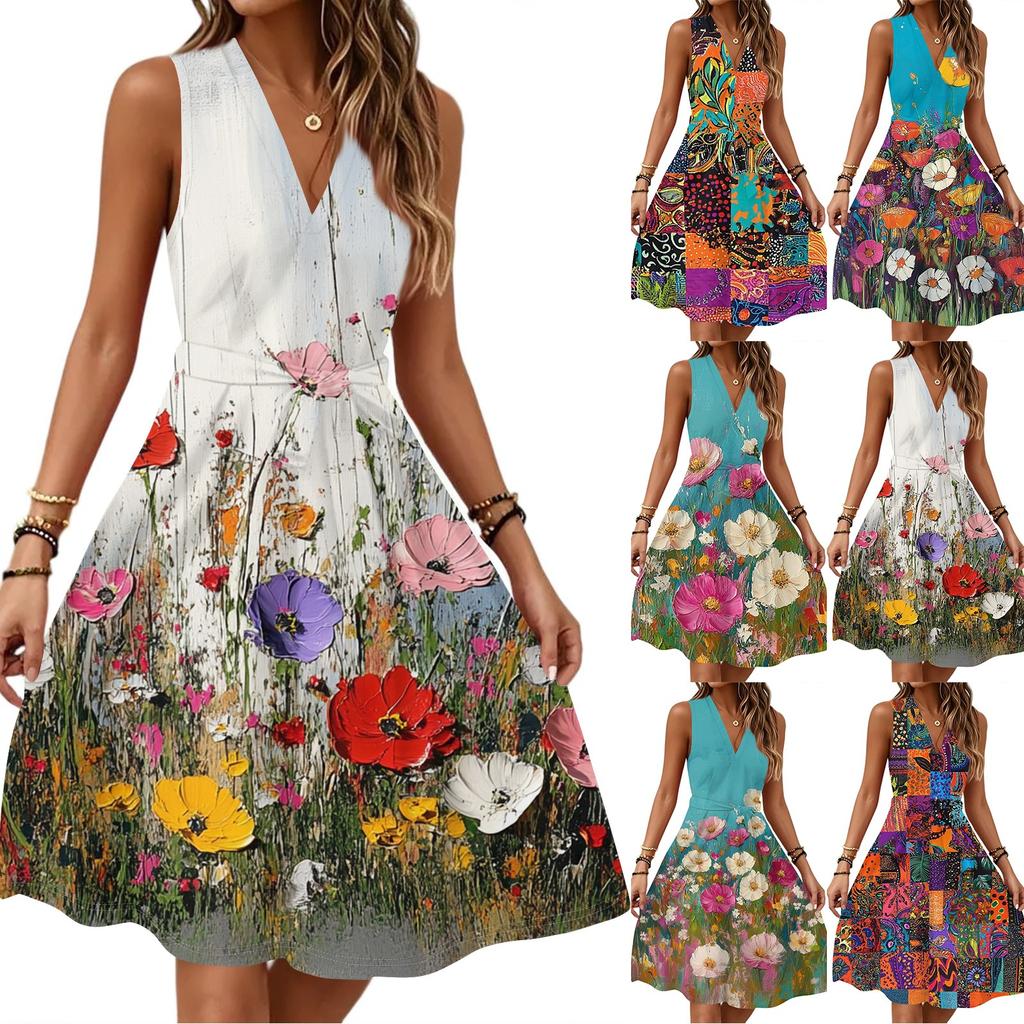 Women's Spring Summer Casual V Neck Sleeveless Waist Floral Print Midi Dress