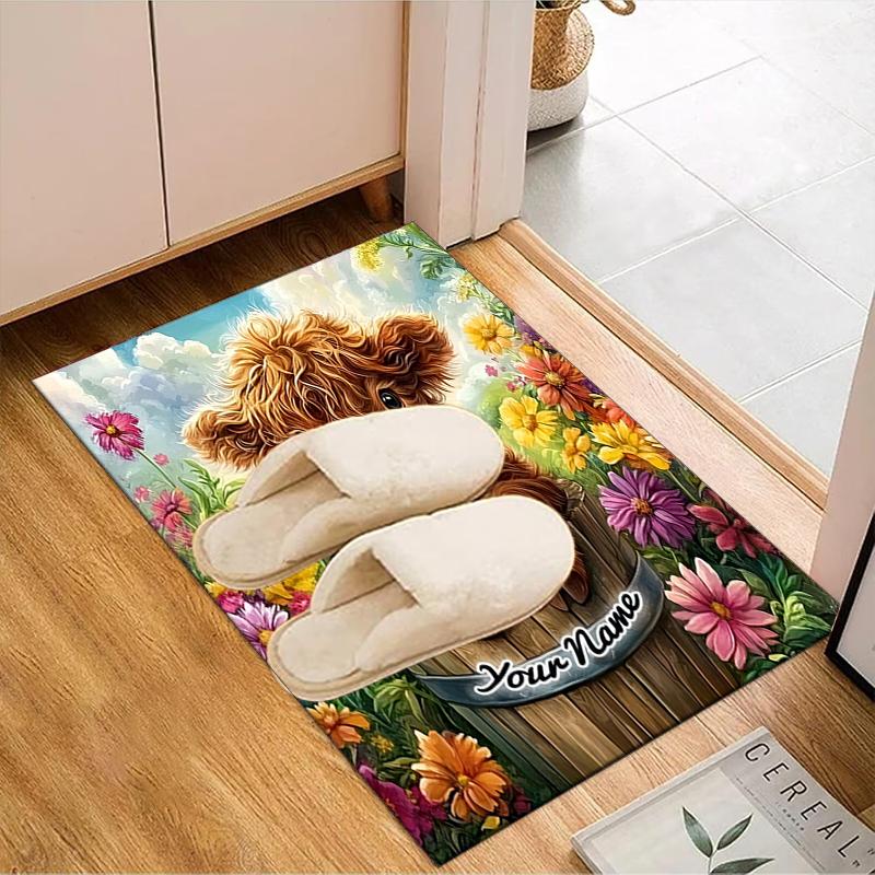 1PC Custom Name Highland Cow In Flowers Theme Floor Mat Ideal for Living Room, Game Rooms, Office, Bedroom,Floor Mat Playful Design187