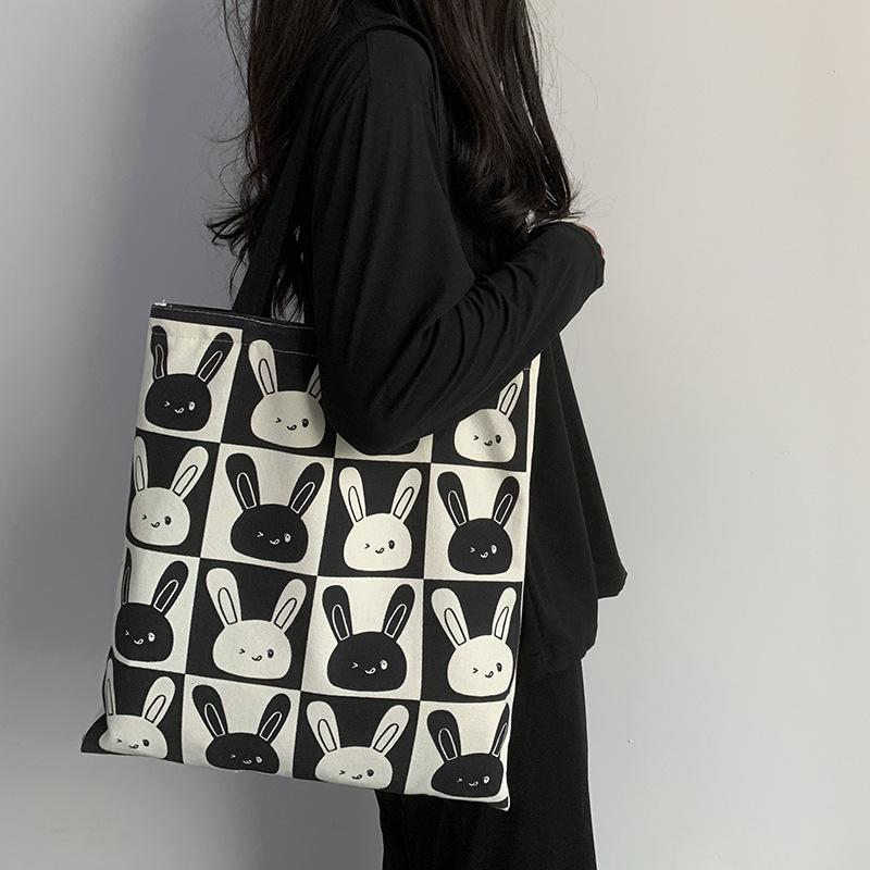 Cute Rabbit Canvas Women's Shoulder Shopping Bag Large Capacity Handbags Girl Student Class Zipper Korean Tote Shopper Fashion