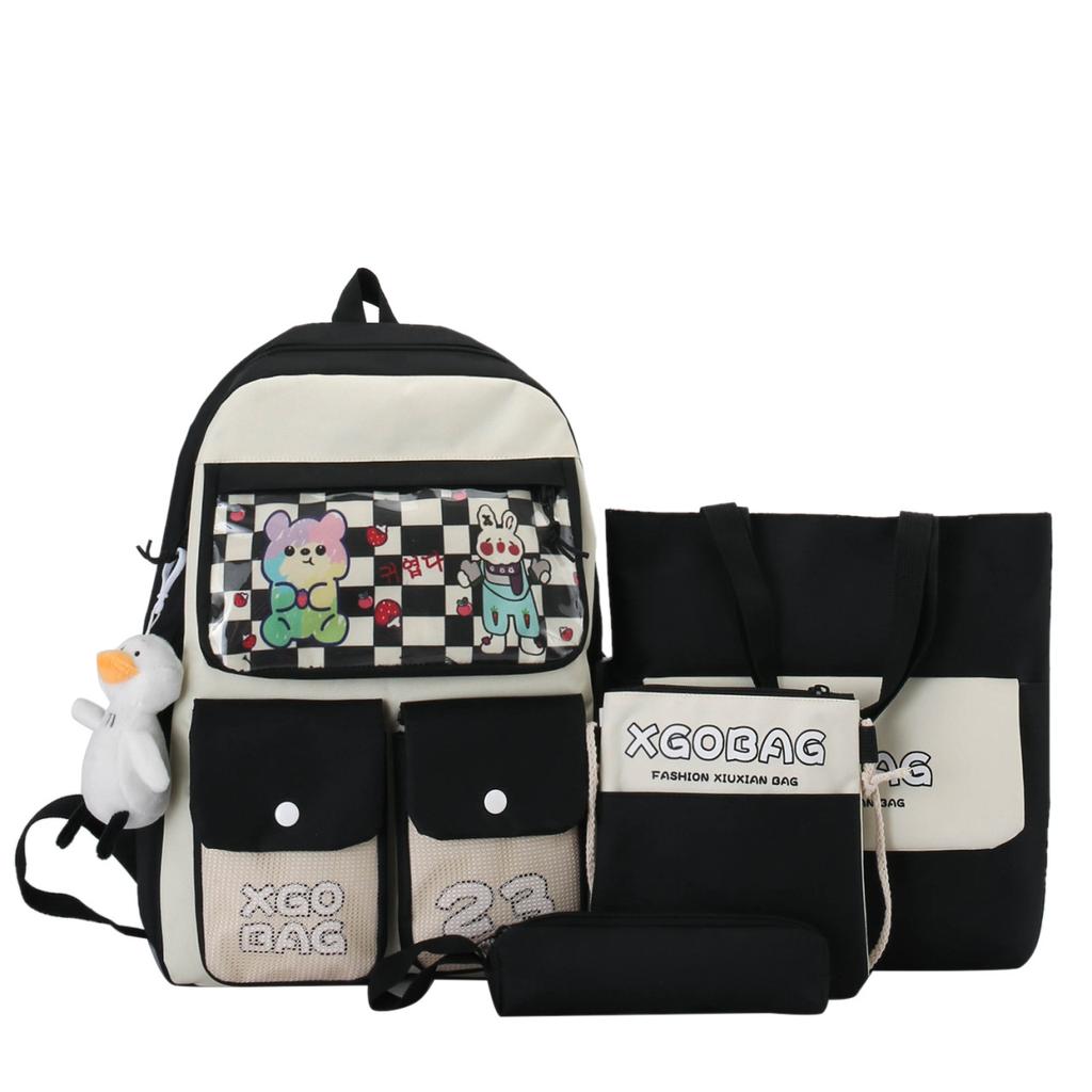 New student four-piece Korean version of cute campus sweet girl backpack large capacity rabbit print leisure bag