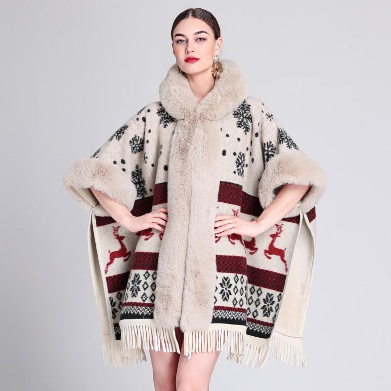 Womens Oversized Plaid Knit Cape Shawl With Fleece Lining Fur Trim Hooded Wrap Coat Winter