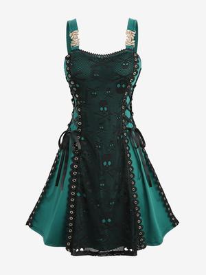 Rosegal Plus Size Skull Mesh Overlay Lace Up Layered A Line Tank Dress