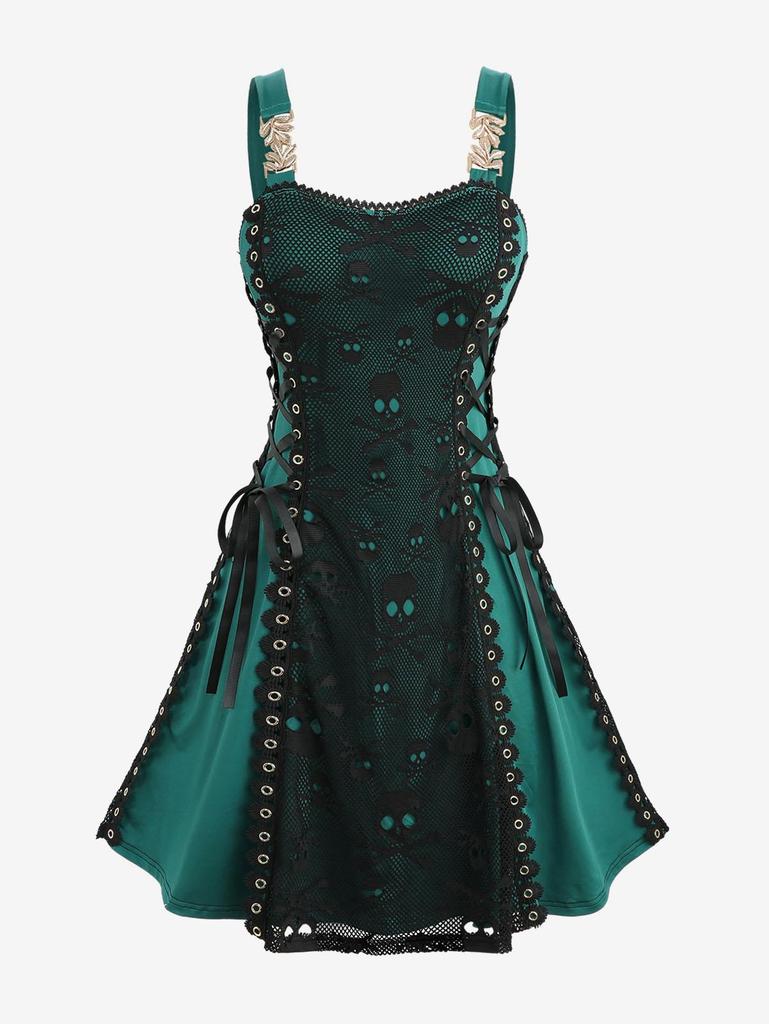 Rosegal Plus Size Skull Mesh Overlay Lace Up Layered A Line Tank Dress