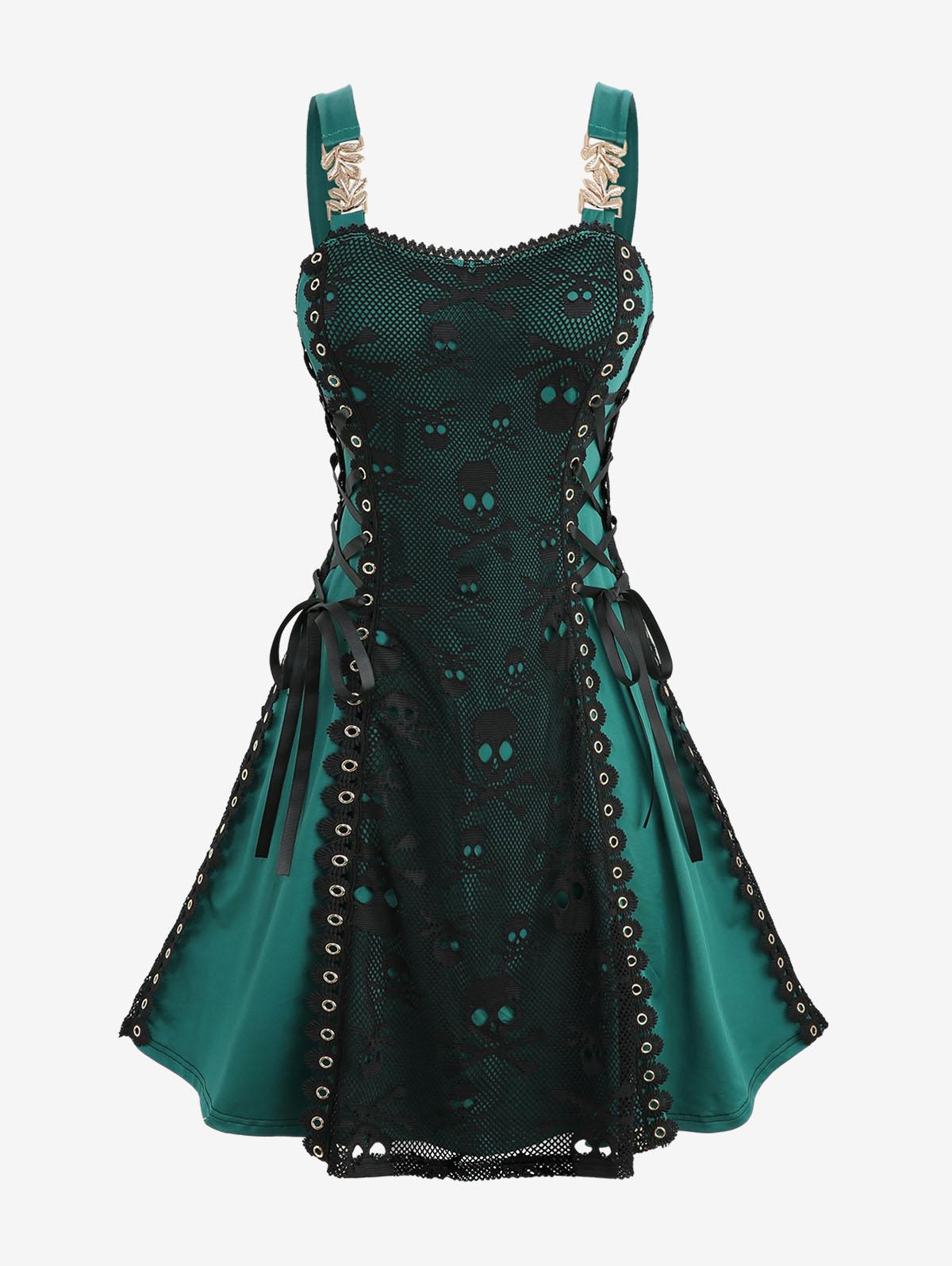 

Rosegal Платье-майка А-силуэта большого размера с черепом, сетчатой накладкой и шнуровкой 5XL чёрный