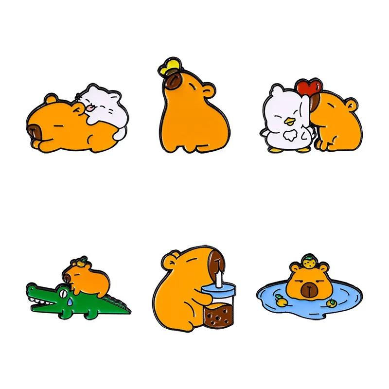 6pcs Cute Cartoon Capybara Brooch Creative Animal Duck Alloy Lapel Pin Badge Backpack Clothing Hat Accessories black