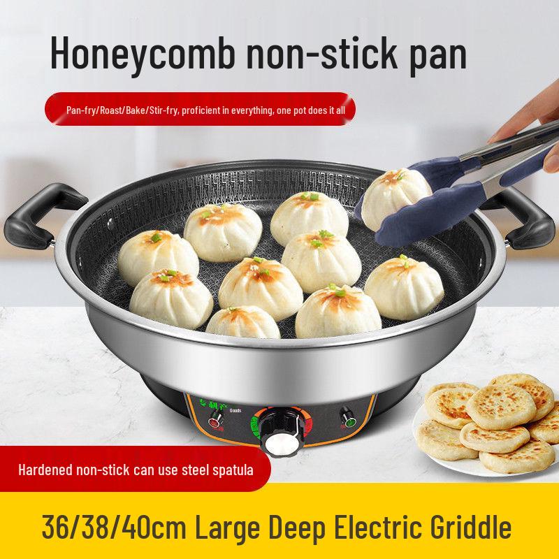 Stainless Steel Non-stick Electric Pancake and Frying Pan - Deepened and Enlarged Multi-functional Flat Bottom Grill Pan.