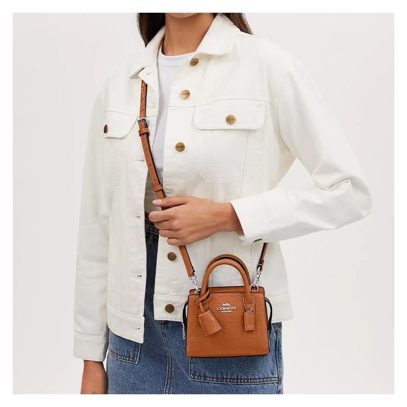 Coach 15 Logo Removable Shoulder Strap Crocodile Embossed Leather Shoulder Crossbody Handbag Mini Women's Washed Orange