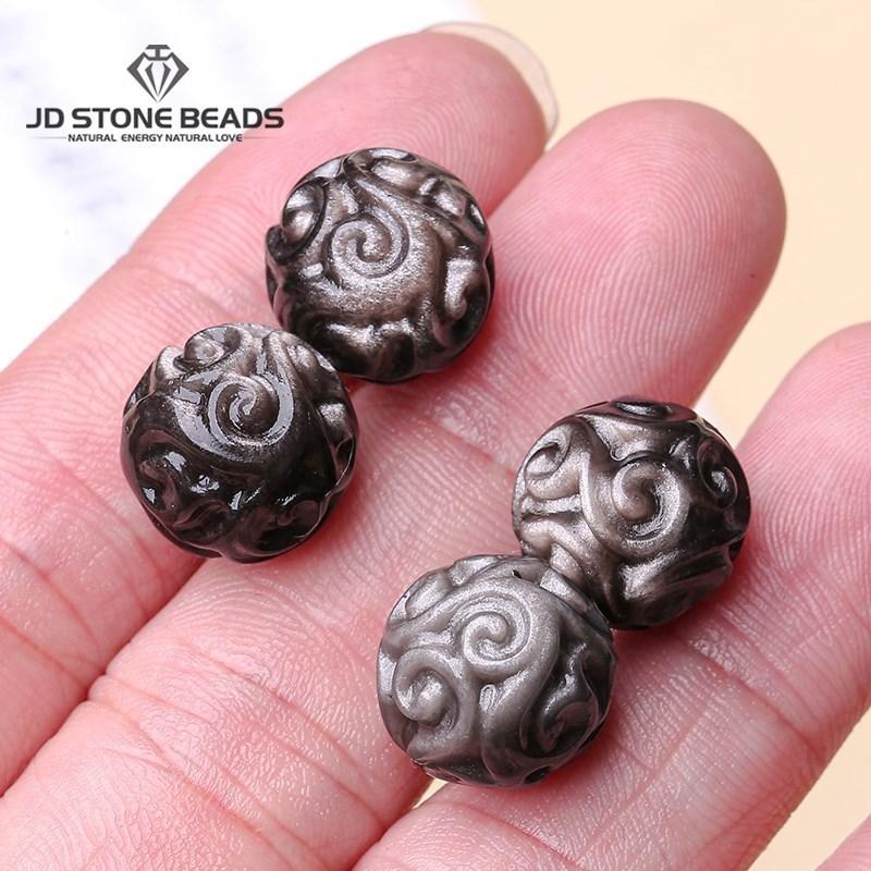 1 Pc Natural Silver Obsidian Flower Patterned Bead Fit Pendant Charms For Jewerly Making Diy Bracelet Necklace Accessory