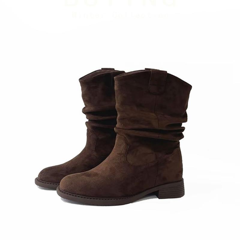 

Модные винтажные осенние женские ковбойские сапоги на низком каблуке, модные женские слипоны с плиссировкой, короткие ботильоны 35 коричневый