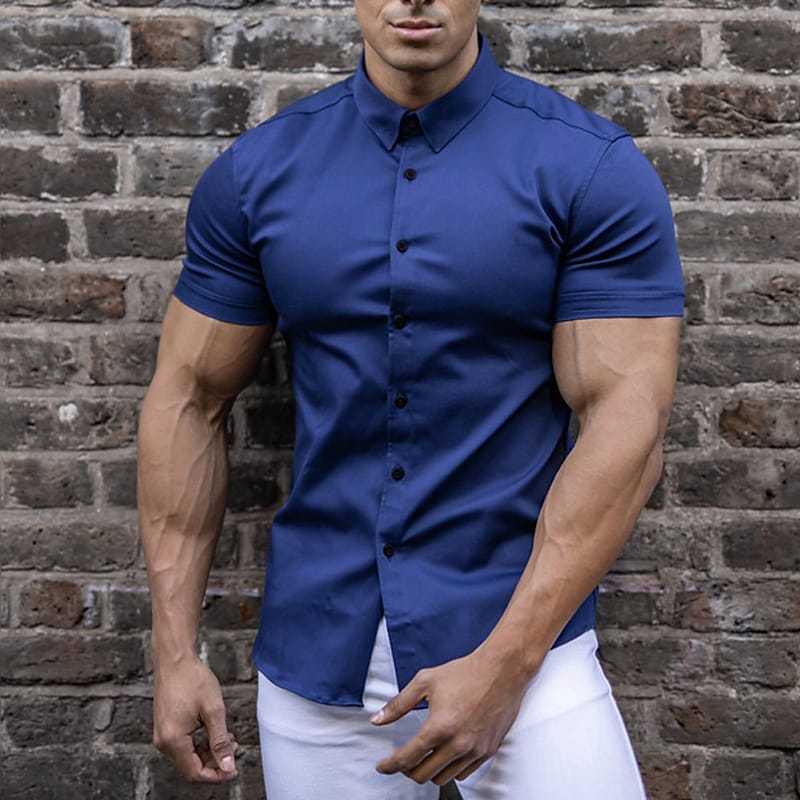 Men's Slim Fit Solid Color Short Sleeve Cardigan Shirt - Casual European and American Teen Style