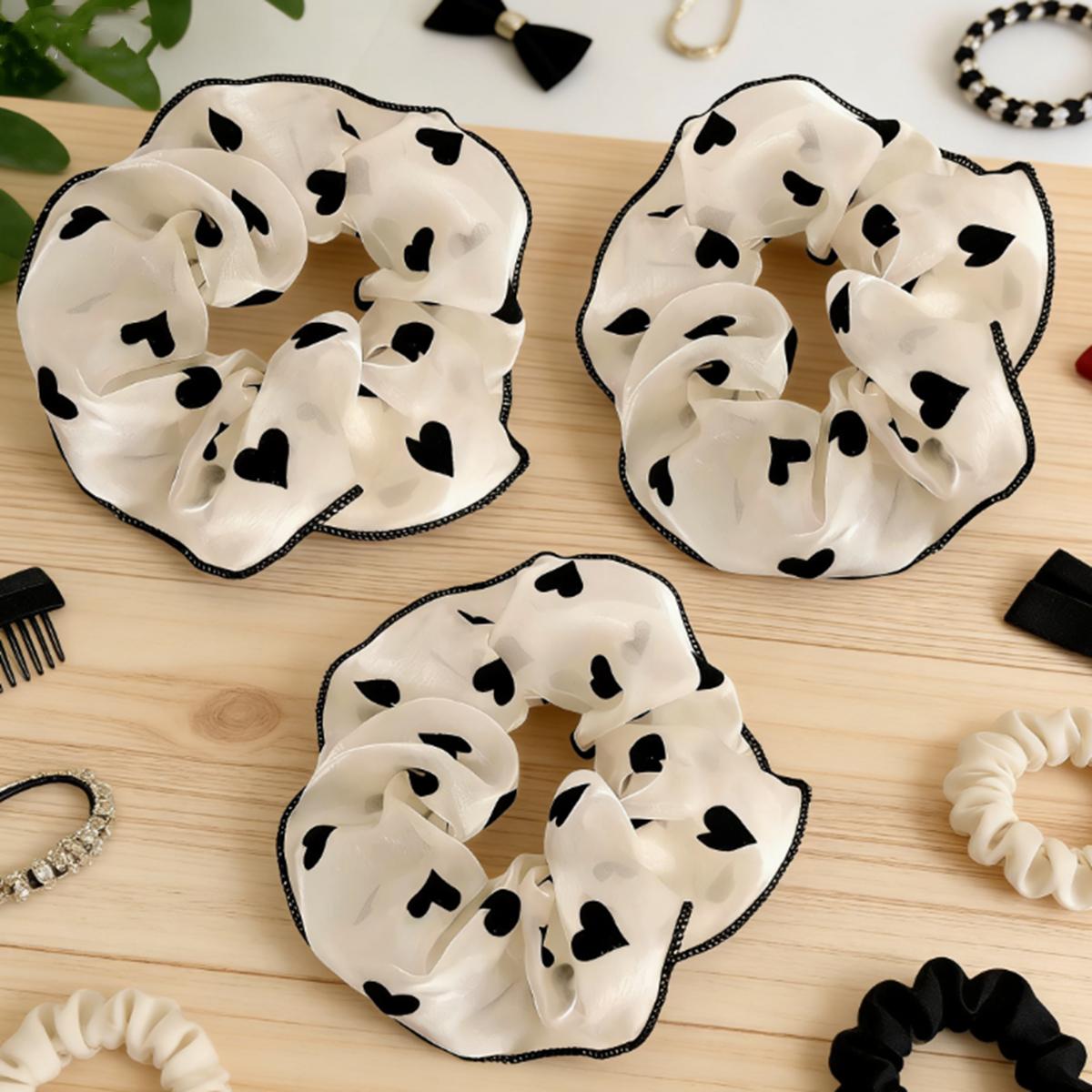 3Pcs White Organza Hair Scrunchies with Black Trim - Heart Dot Floral Print - Soft Hair Ties for Ponytail and Bun Styling