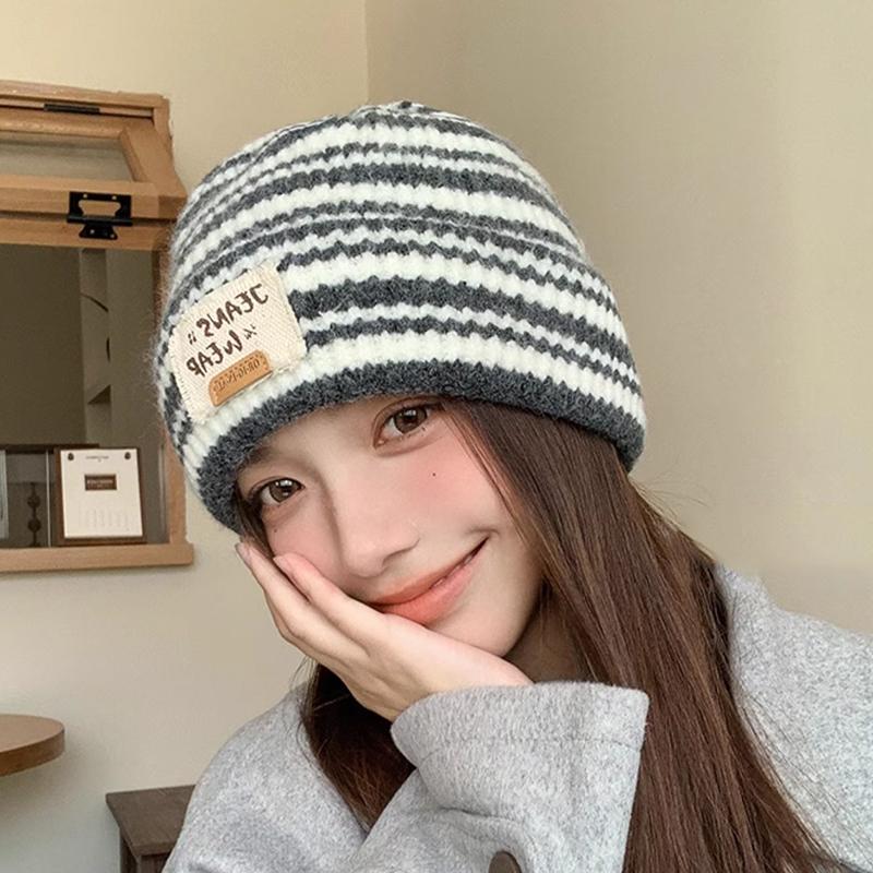 Autumn And Winter  Striped Versatile Korean Style  Large Head Circumference Wool Knitted Hat Pullover Hat For Women