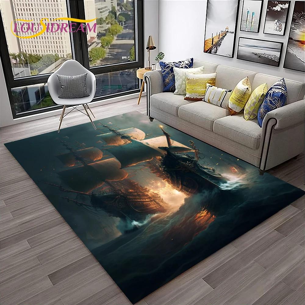 3D Piratenschiff Boot, Segelboot, Barke Teppich für Zuhause Wohnzimmer Schlafzimmer Sofa Fußmatte Dekor, Kinderbereich Teppich Rutschfeste Bodenmatte