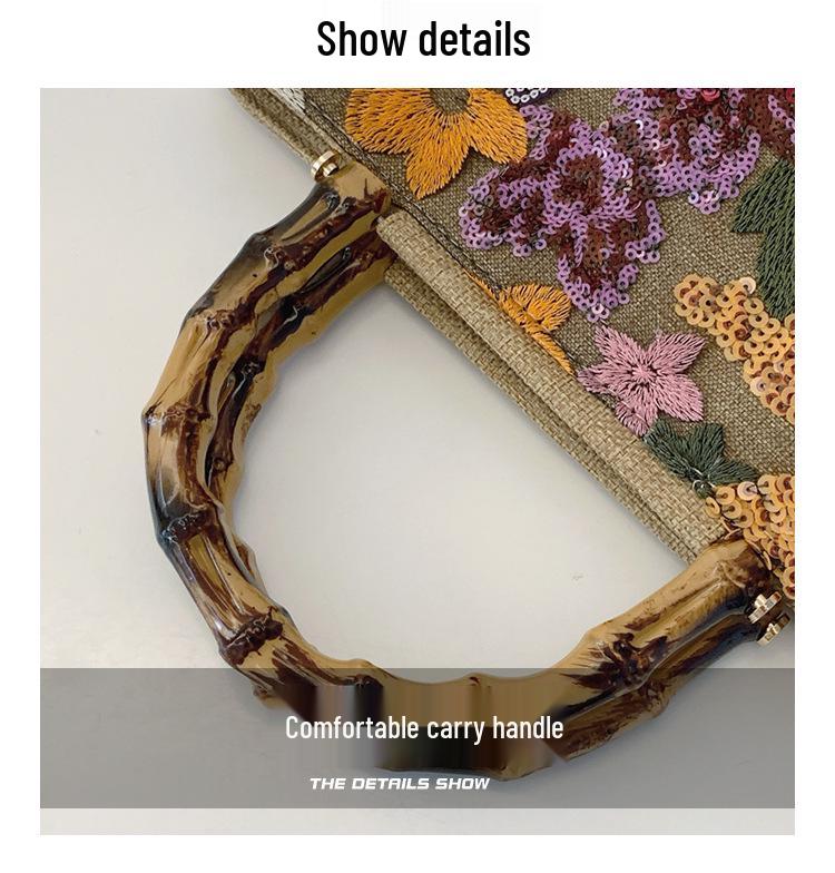 2024 Women's Cross-border Linen Bamboo Handbag with Embroidery and Sequins