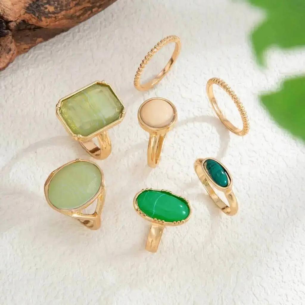 SHIXIN 7Pcs/Set Luxury Retro Green Acrylic Resin Finger Ring for Women Fashion Geometric Gold Color Stackable Ring Charm Jewelry