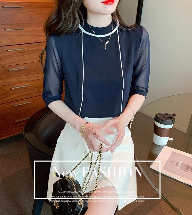 Fairy Stone Short Sleeve Sheer Crew Neck Size Women's Blouse/Shirt, B-70 (Navy)