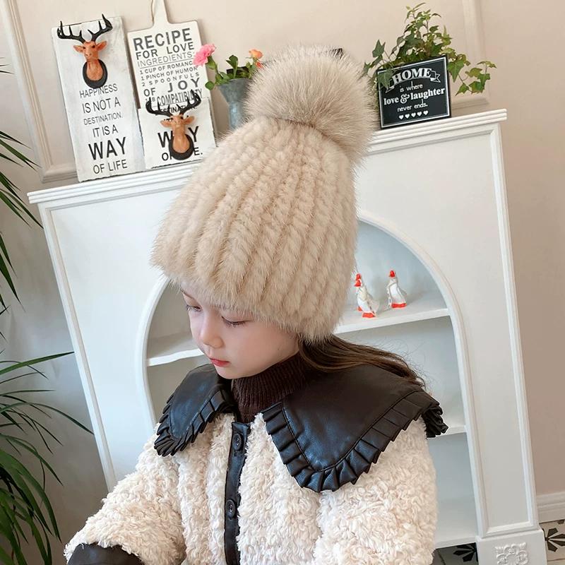 New Children's Mink Hair Hat Thickened Wool Braided Fur Hat Fox Hairball Ear Hat Winter Warm Hat