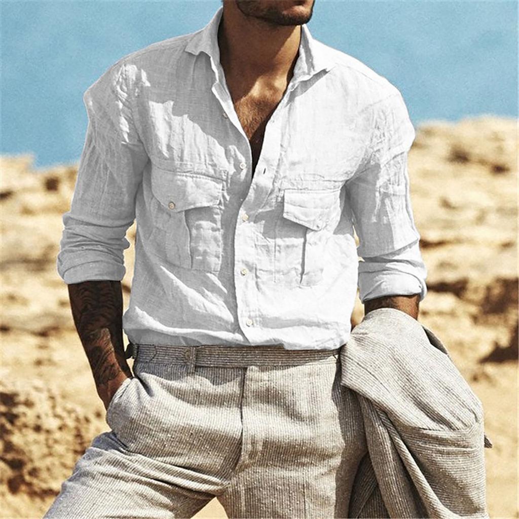 Men's Fashion Casual Long Sleeve Cotton Linen Solid Color T-shirt Top Blouse