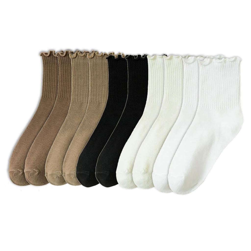 5 Pair Women Fashionable Ruffle Cuffs Crew Socks Cotton Blend Ribbed Knitted Stretchy Fit Comfortable Frilly Ankle Socks