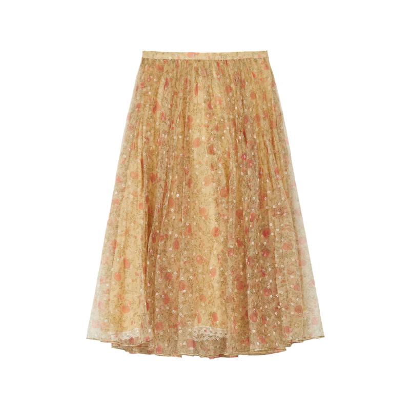 Langzi Soft Gauze Floral A-line Midi Skirt 2XL горчично-желтый