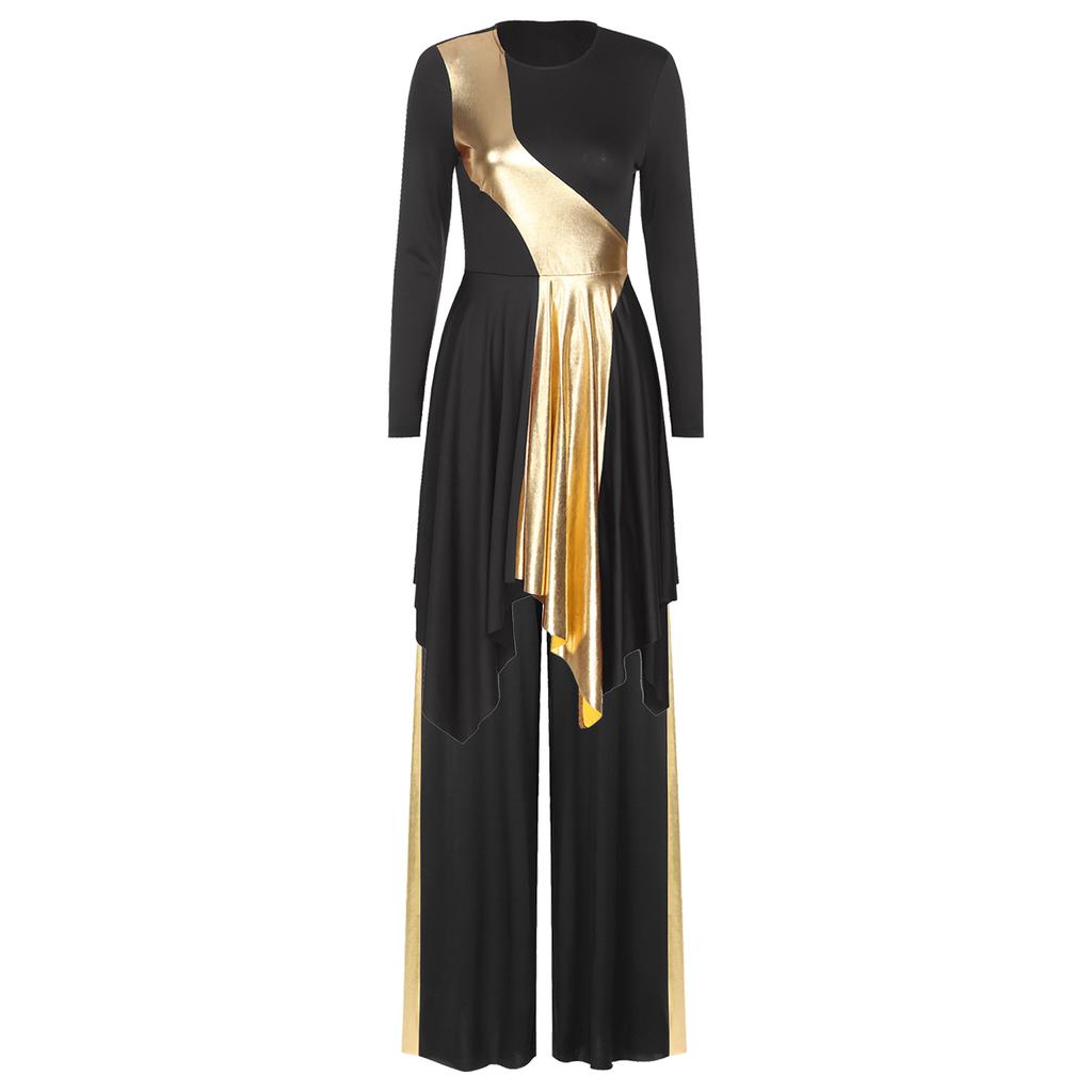 Damen Kirchen-Tanz-Outfit Asymmetrischer Saum Langarm Metallic Patchwork Kleid Weitbeinige Hose Anbetungs-Aufführung