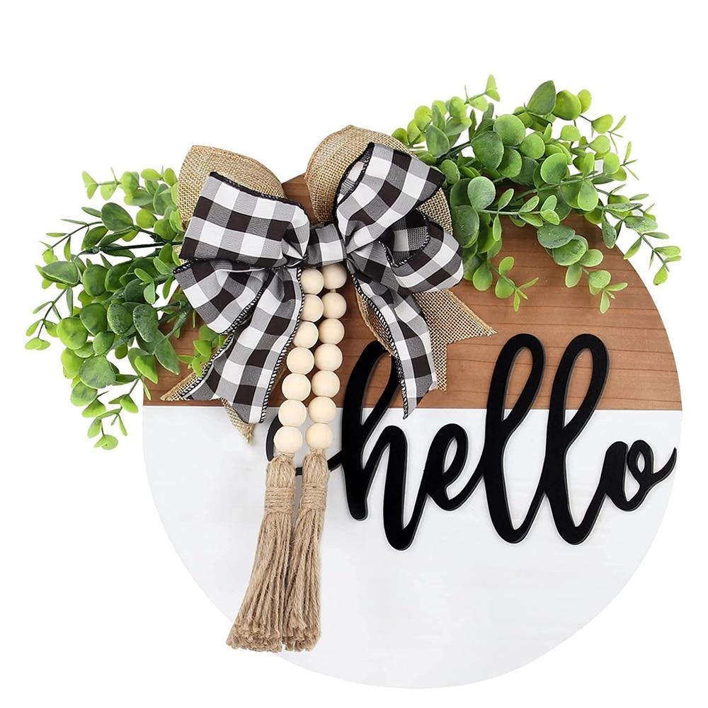Front Door Welcome Sign, round Hello Wood Sign Hanging Welcome Sign Farmhouse Porch Spring Wreath Welcome Sign Front Door Decor, Fringe Wood Beads