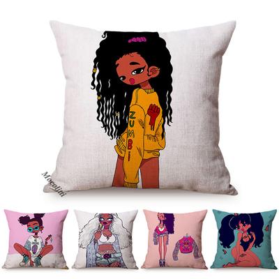 Cute Africa Girl Cushion Cover Fashion Black Woman Swimwear Show Cartoon Sofa Decoration Cotton Linen Chair Pillow Case Cojines