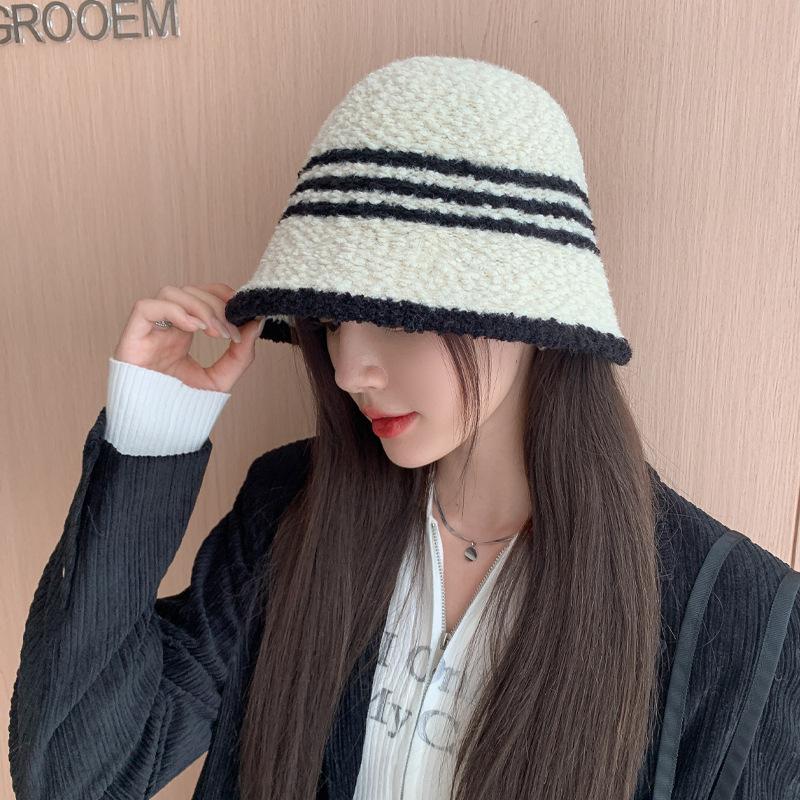 Korean Style Striped Hat for Women In Autumn and Winter Warm Imitation Lamb Fur Fisherman Hat Outdoor Winter Face Small Basin Hat