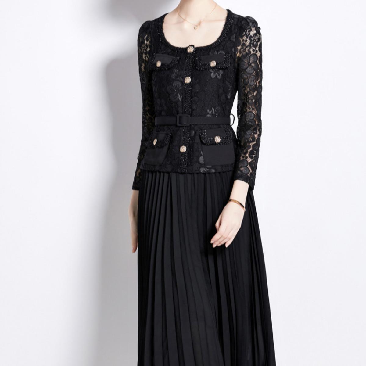 Women s Square Neck Long Sleeve Lace Pleated Dress High Waist Elegant Midi Dress S