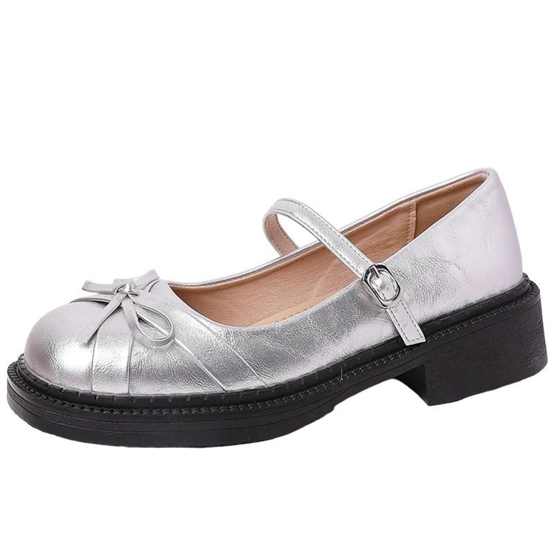 Silver Light-mouth Bow Mary Jane Single Shoes Women's Summer Fashion New Thick-soled Skirt Small Leather Shoes