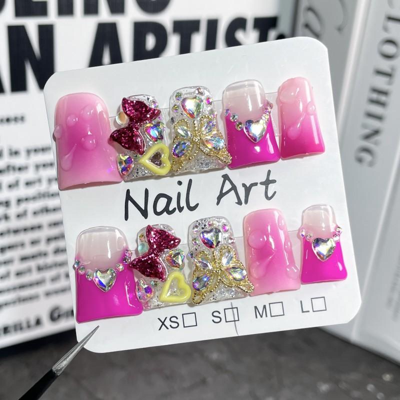 Sweet French Tip Press-On Nails With Heart Bow Butterfly Design Ice-Transparent Pink Blush Nail Tips Women Girls Small