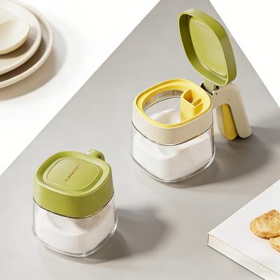 Glass Spice Jars with Spoon Kitchen One-Touch Flip Lid Seasoning Containers Transparent Salt Sugar Storage Box for Home Cooking