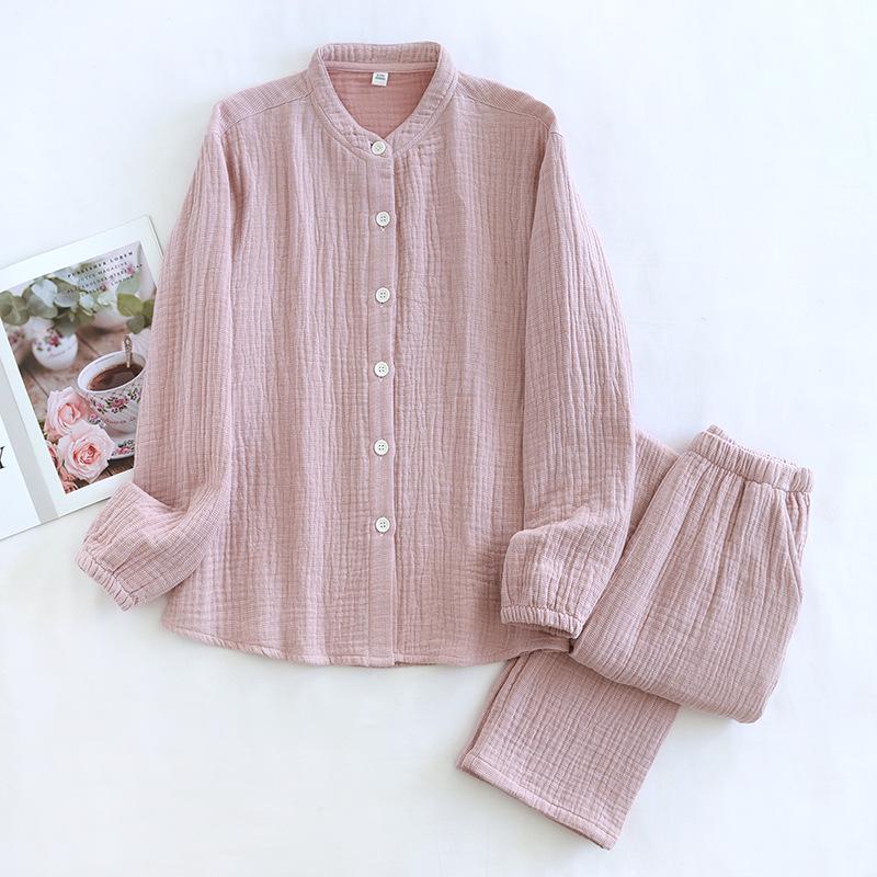 Spring Couple's Pajama Set: Thick Pure Cotton Plaid, Women's & Men's Long-Sleeve, Loose Fit